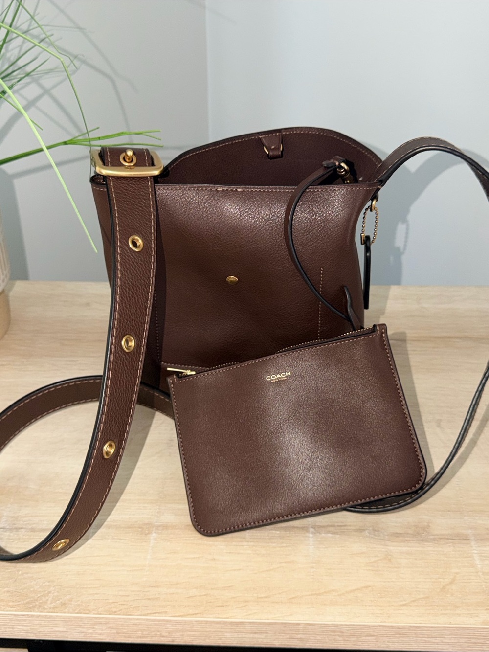 Coach (AUTHENTIC) BLEECKER Small Leather Bucket Bag 21 with Removable Pouch